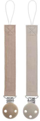 meanus Schnullerkette, Schnullerhalter aus Baumwolleband und silikon clip for Mädchen und Jungs, Baby Schnullerkette Clip Geschenk zum Baby, BPA-frei, 2er-Pack (Sand+Light Grey)