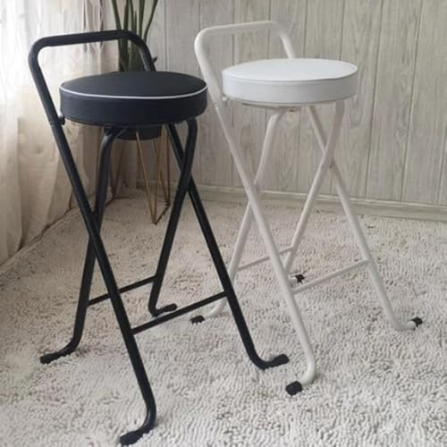 QTWLG Sgabello Pieghevole Rotondo 65cm 75cm, Sedia Pieghevole Portatile, Sgabello Da Campeggio Imbottito In Similpelle Con Schienale E Poggiapiedi, Sgabelli Da Bar Per La Casa(Black,65cm)