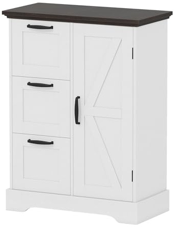 GOPLUS Küchenschrank, Sideboard mit 3 Schubladen & Türen, Buffetschrank mit Arbeitsplatte, Aufbewahrungsschrank Holz im Landhausstil, Kommode für Küche, Esszimmer & Wohnzimmer, 60 x 30 x 80 cm (Weiß)