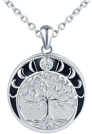 CONILOK Médaillon Personnalisé Collier Photo Argent 925 Pendentif Arbre de Vie pour Femme avec Soleil Lune Noir et Zircone