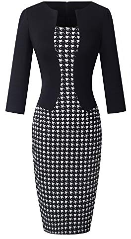 HOMEYEE - Robe - Moulante - Color Block Business One-pièce Manches 3/4 - Femme B237 (XXL-Large, 44, Houndstooth)