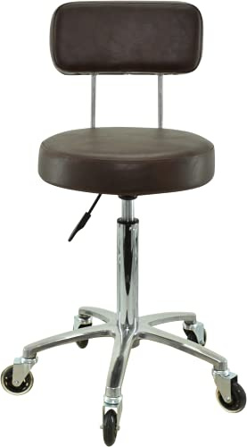 VAKON SALON - Premium Rollhocker mit Lehne in braun - Höhenverstellbar von 55 bis 75 cm - Rundsitz - Drehhocker Arbeitshocker Praxishocker