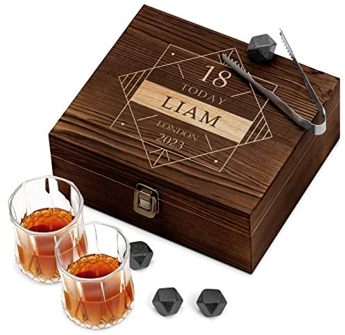 Maverton Whiskey stones set with 2 glasses for man - Chilling rocks in wooden engraved box - 8 reusable ice cubes - Present for a whiskey lover - Gift For connoisseur - Rectangle