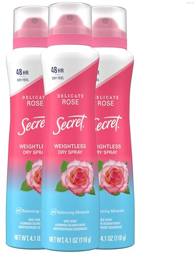 Secret Dry Spray Antiperspirant Deodorant for Women, 48hr Weightless Sweat & Odor Protection, Gentle on Skin, Delicate Rose Scent, 4.1 oz (Pack of 3)
