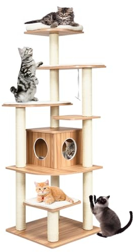 COSTWAY Arbre a Chat XXL en Bois 175 cm, 4 Poteaux à Griffer en Sisal, 7 Plateformes, Condo, Arbre a Chat Maine Coon, Coussins Amovible Lavable, pour 4-6 Chats, 86,5 x 86,5 x 175 cm, Naturel