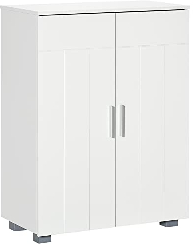 kleankin Armario de Baño con 2 Puertas y 2 Estantes Ajustables de 7 Niveles Mueble Auxiliar de Almacenaje para Salón Cocina Antivuelco 60x30x80 cm Blanco