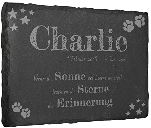mtb more energy Gedenktafel Grabstein Schiefertafel - Pfoten und Sterne ''Wenn die Sonne'' - personalisierbar - 20x15 cm - Grabplatte Haustier Hund Katze