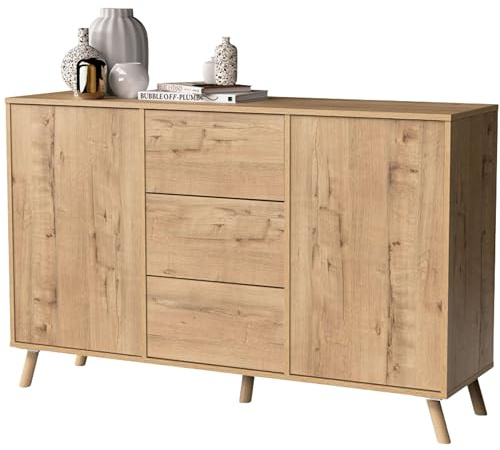 MUEBLES PITARCH | Aparador Salón Comedor, Buffet, Mueble Auxiliar, 2 Puertas y 3 Cajones, Roble Gold, 89x140x40cm, Despensa, Cocina, Despacho, Tirador Push o Pulsador, Moderno, Nórdico, Modelo Oslo