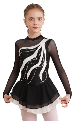 iEFiEL Mädchen Eiskunstlauf Kleid Langarm Glitzer Ballettkleid Swing Kleid Schaukel Tanzkleid Turnanzug Kinder Tanzkostüme Za Rosa B 158-164