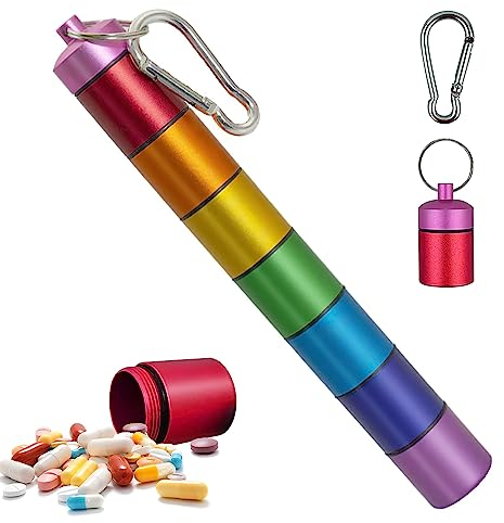 Pilulier Semainier, Boîte à Medicament Portable Amovibles, Imperméable Boite à Pilules Métal, Pilulier Voyage Pour Pilules/Vitamines/Huile de Poisson(Arc-en-ciel)