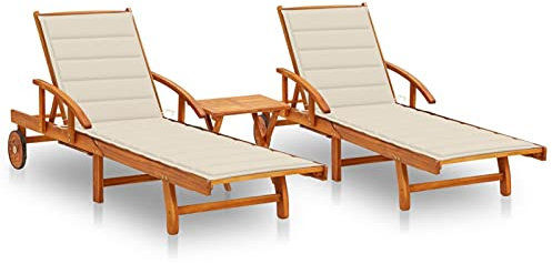 ZEYUAN Sonnenliegen 2 STK. mit Tisch und Auflagen, Strandliege, Gartenliege, Relaxliege Garten, Saunaliege, Poolliege, Campingliege, Liege Garten, Massivholz Akazie
