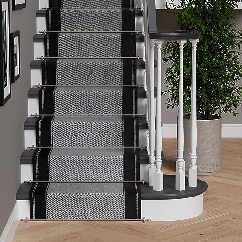 The Rug House Black And Cream Bordered Stair Carpet Flecked Striped Stain Resistant Cut to Measure Runner - Sold and Priced Per Foot 2.3' x 16'