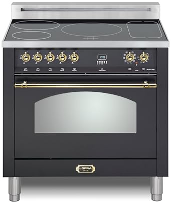 Lofra DolceVita Series 36 Inch Induction Freestanding Range Oven Stove, 5 Heating Zones,1 Bridge Zone, Power Boost, Convection, 9 Cooking Modes, Knobs and Handrail in Brass, Matte Black