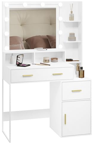 WOLTU Sminkbord med LED- och spegelljus, sminkbord med 3 lådor och hyllor, stor förvaring, modernt sminkbord, 90 x 40 x 143 cm, vit, trä och metall, MB6102ws