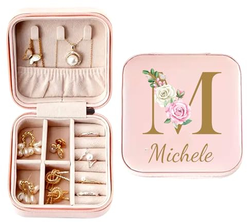 Rainsar Personalisierte Schmuckschatulle Personalisiert Reise Schmuckkästchen, Maßgeschneiderte Aufbewahrungsbox mit Ihre Initialen Namen und Geburtsblumen, Geschenk für Frauen und Mädchen