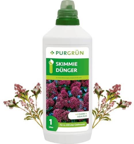 Purgrün® Skimmie-Dünger 1 Liter – Organisch-mineralische Rezeptur – Premium-Flüssigdünger mit Spurennährstoffen – NPK 8+8+6 – Mit Guano & Aqua Plus – Für dichte Blütenrispen & gesundes Wachstum