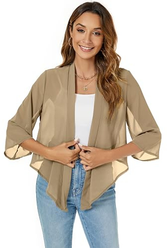Famrrifuu Femme Boléro Court Gilet Léger Manches 3/4 Boléro Cardigan Élégant Veste Courte Mousseline de Soie,Kaki,XXL