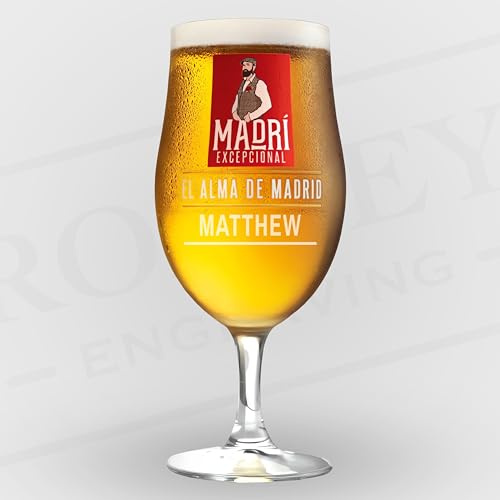 Personalised Madri Excepcional Glass Pint Beer Lager Glass Engraved with Any Name in Themed Banner | Gift for Birthday, Father's Day, Anniversary