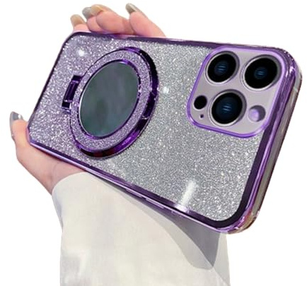 IMEIKONST Sparkly for iPhone 13 Pro Case Gradient Glitter Purple DSJ | Makeup Mirror Ring Stand Function, Full Camera Protector, Soft Silicone Shockproof, Plated Transparent Cover for Girl Women