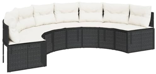vidaXL Gartensofa mit Kissen, halbrund, Schwarz, Polyrattan, Outdoor-Sofa, halbrunde Form, Gartensofa aus Polyrattan