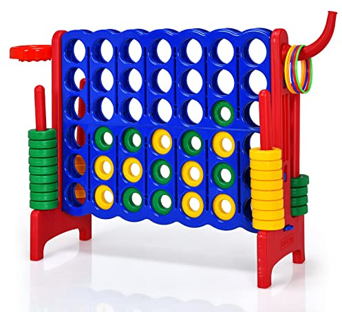 Riesiges 4 Gewinnt Spielset mit Wurfspiel und Basketballkorb, inkl. 42 Jumbo Ringen und Schieberegler zum schnellen Neustart, Vier in Einer Reihe Spiel groß (Blau + Rot)