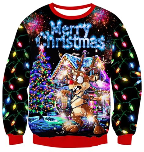 ALISISTER Sweat-Shirt de Noël pour Hommes, Pull Moche de Noël avec Impression 3D de Renne, Pull Moche de Noël à Manches Longues, Cadeau de Noël pour fête, Taille L