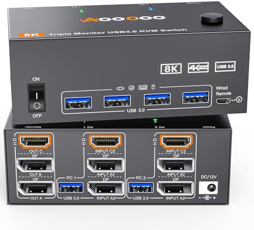Conmutador KVM 3 pantallas 2 ordenadores 4K@144Hz 8K@60Hz, Displayport + HDMI USB3.0 Conmutadores KVM con 4 puertos USB 3.0, mando a distancia por cable, alimentación y cable USB3.0 incluido