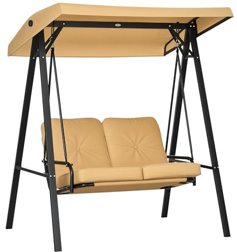 Outsunny Hollywoodschaukel 3-Sitzer Gartenschaukel mit verstellbarem Sonnendach, Schaukelbank belast bis 220kg, Gartenliege für Garten, Terrasse, 145 x 116 x 172 cm, Beige