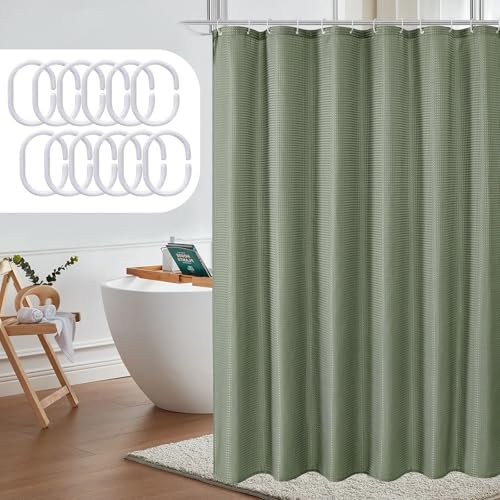 Sage Green Waffle Shower Curtain, Waffle Texture Green Bathroom Curtain, Waterproof Quick Dry Window Drapes with 12 Plastic Hooks & Eyelet, Washable Thick Polyester Cloth Bath Curtain, 183 × 183 CM