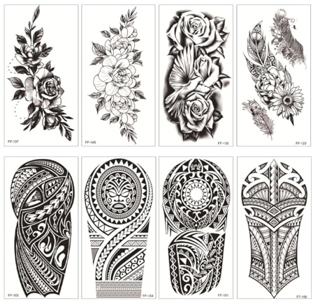SanKristo 8 Blätter Temporäre Tattoos für Erwachsene Schwarz Tribal Sexy Totem Rose Blume 3D Tattoos Aufkleber für Hand Arm Beine Wasserdicht Tattoo Aufkleber