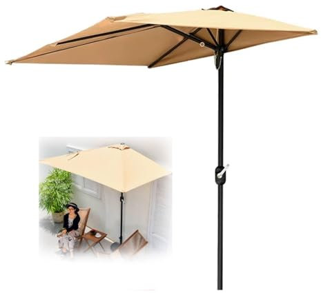 RTVGNSZSJL Halbschirm Sonnenschirm Gartenschirm 5 Rippen Wasserdicht Balkonschirm, Halb Rechteckiger Marktschirm Für Wand, Balkon, Deck(Khaki)
