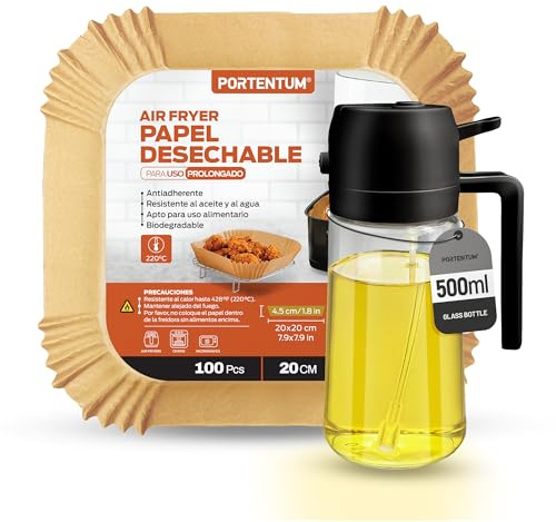 PORTENTUM Carta Forno Friggitrice Aria 100 pz 20x24 cm + Spruzzino Olio 500ml 2 in 1 | Accessori Friggitrice Aria BPA Free, Certificati FDA LFGB, Ideale per Forno 5-8L