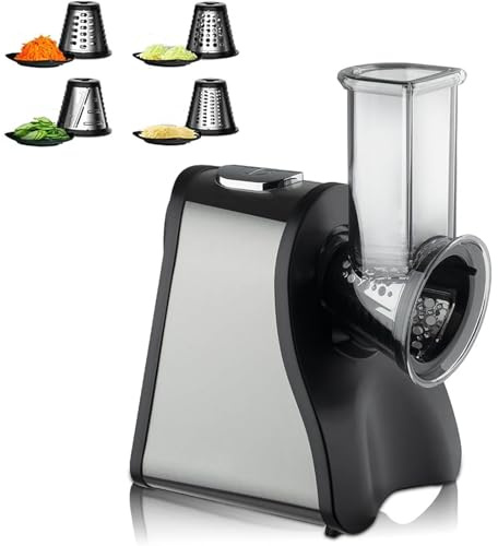 oiakus Electric Cheese Grater, 200W Vegetable Shredder with 4 Interchangeable Blades, One Button Control and Easy To Clean, Electric Salad Machine, for Cheeses and Nuts Cookie, Chips and Fruit