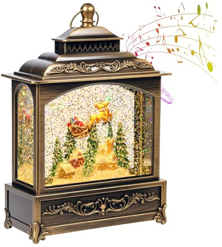 Sockywin Lanterne Boule à Neige de Noël Bronze avec Traîneau du Père Noël, 8 Mélodies Festives, Alimentation USB/Piles, 3 Modes d'Éclairage, Lanterne à Eau Lumineuse pour Décoration et Cadeaux de
