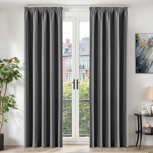 TOPICK Thermal Blackout Curtains for Bedroom W66 x L90 Inch Drop, Soft Long Curtain 2 Panels for Living Room, Pencil Pleat Room Darkening Curtains & Drapes for Sliding Door, Grey