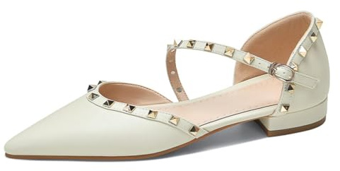 Ballerine Donna retrò in Pelle Borchiate Punta A Punta Cinturino alla Caviglia con Fibbia Tacco Basso Largo Comode Slip-On Scarpe Eleganti Festa Ufficio,Beige,40 EU