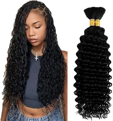 Evaxilc Deep Wave Human Hair For Braiding Menschliches Haar Unprocessed No Weft Bulk Braiding Hair Extensions For Boho Braids #1B Natural Black Color 14 14 Inch 2 Bundles Total 100g one pack