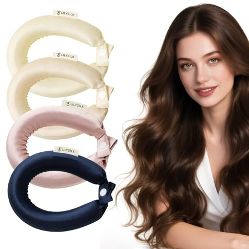 LILYSILK 100% Mulberry Silk Heatless Curlers No Heat Hair Curling Rod for Women Girls Overnight Hair Care Sleep Styling Rollers Accessories 4pcs, Lily White+Gravel Gold+Rose Pink+Navy Blue