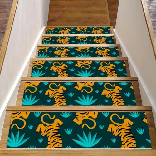 RODAILYCAY Alfombra antideslizante con diseño de tigre salvaje, 76 x 20 cm, para peldaños de madera en interiores, tapete para niños, ancianos y perros