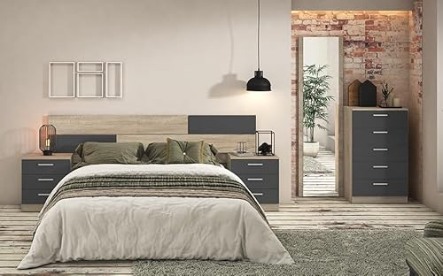 Meyvaser.com Ecommerce Company Pack Dormitorio Completo – Cabecero 220 cm + 2 Mesitas de Noche 3 Cajones + Sinfonier 5 Cajones, Color Cambria y Negro, Estilo Moderno