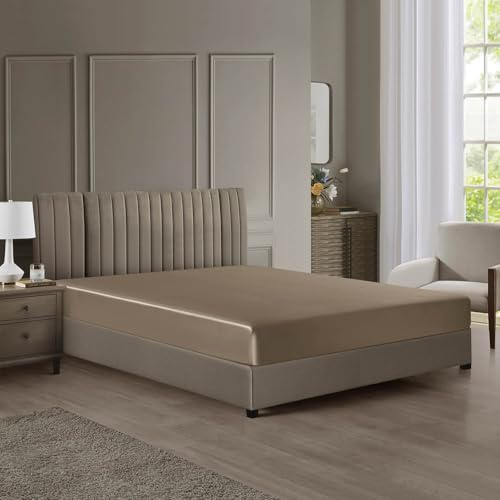 RK Linen Luxury 100% Mulberry Silk 1 pc Fitted Sheet - 25 Momme, King Size – Taupe, Fits Custom Inch Deep Pocket Grade 6A, Fade & Shrinkage Resistant, Hotel-Quality Softness
