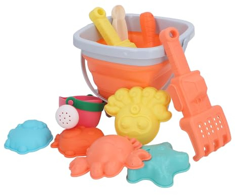 Acouto 11 Pièces Enfants Bac à Sable Jouet Interactif éducatif Fiable Moule à Sable Râteau Pelle Plage Jouet Ensemble pour Garçons et Filles Orange Seau Pliant Plage 5 a Moules Râteau Ce Ludique