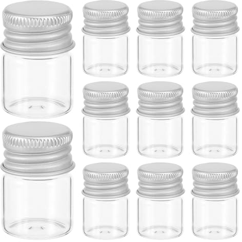 LOLIPPYY 100 Botellas Pequeñas de Vidrio Transparente de 5 Ml Tapa de Rosca de Aluminio Plateado, Mini Frascos para Aceites Esenciales, Manualidades, Almacenamiento de Perlas y