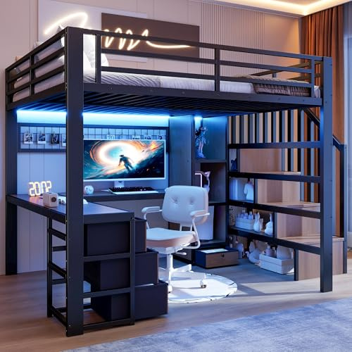 NNJN Hochbett, Eisenrahmen, Ablagefach, 4 Schubladen, Gitter zum Aufhängen von Gegenständen, mit LED-Lichtleiste, Schreibtisch, Treppenkonstruktionen mit Stauraum, Ohne Matratze (schwarz, 140x200cm)
