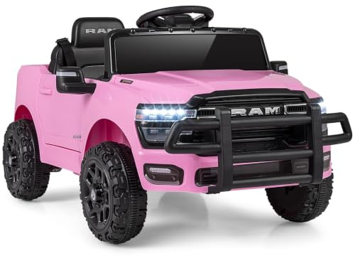 COSTWAY 12 V elbil för barn, barnbil RAM för från 3 år (rosa) | Med 2,4 G-fjärrkontroll, musik, horn och ljusa strålkastare, 3-punktsbälte och låsbara dörrar, kan belastas upp till 30 kg