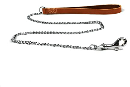 Ancol Heritage Fine Chain Dog Lead Tan with Leather Handle - Satin Finish Trigger Hook Durable Training Accessory for Small to Medium Dogs - 87cm