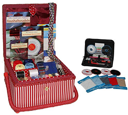 Nähkasten quadratisch rot Weiss - gefüllt mit über 150 Teile Inhalt