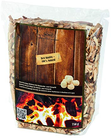 RÖSLE Räucherchips Hickory, 750 g, für Räucherbox auf Smoker, Holzkohle- und Gasgrills, rauchaktiv, naturbelassenes Holz, Braun