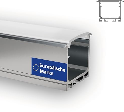 INNOVATE E-24 Power LED Einbauprofil 2m 1 Stück [26.8x26mm Aluprofil Silber Diffusor Flach Milchig] Aluprofil für LED Streifen 2m I Indirekte Beleuchtung Unterbauleuchte Küche I LEDs Wohnzimmer