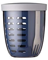 Mepal - Obst- & Gemüsetopf Ellipse - Obstbehälter - Ideal für Obst und Gemüse unterwegs - Obstbox mit Gabel & Sieb - Meal Prep Box mit Deckel - 600 ml - Nordic Denim